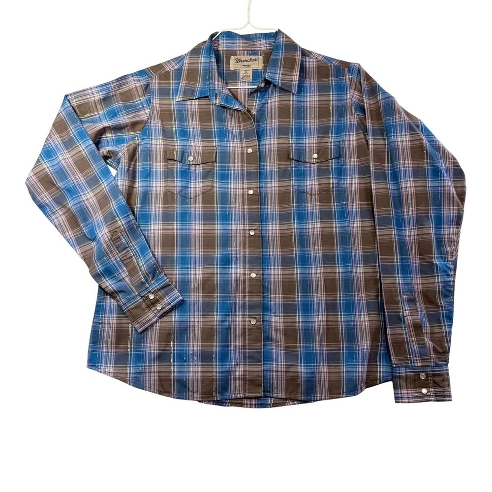 Wrancher by Wrangler Women XL Blue Brown Plaid Metallic Snap Western Shirt